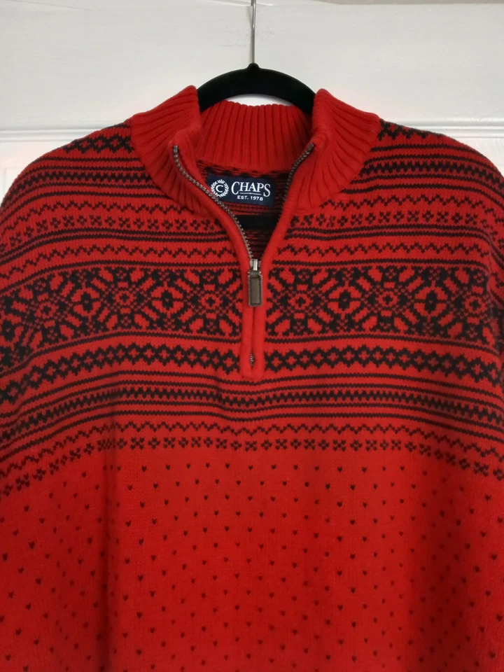 Suéter Chaps Para Hombres 3XT Rojo Negro Fair Isle Navidad 1/4 Cremallera Algodón Vacaciones Foto 2 de 4