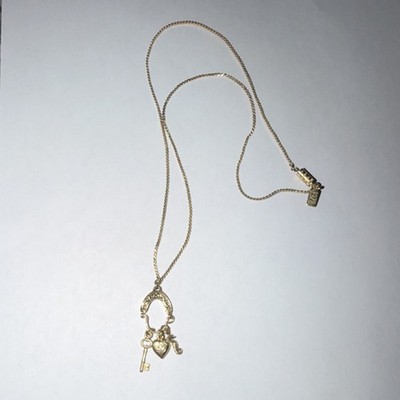 1929 Gold Heart & Key Charm Pendant Necklace Cable Chain Signed