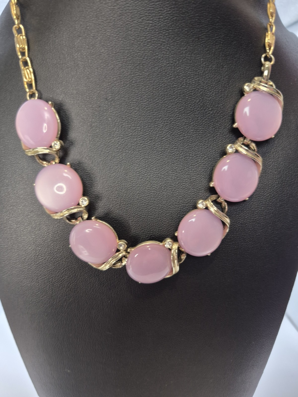 VTG Signed LISNER MOONGLOW Necklace Baby Pink Cabochon Rhinestones ...