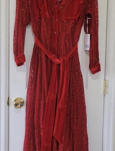 Unique Vintage Burgundy Velvet Lace Maxi Shirt Dress Belted XL/14 K1131WDOC