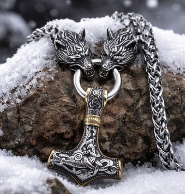 Viking Wolf Head Thor's Hammer Stainless Steel Pendant Necklace, Silver, 24''