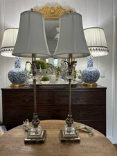 Bombay Company Lot Of 2 33” Tall Buffet Lamps Aged Silver Crystals New Shades