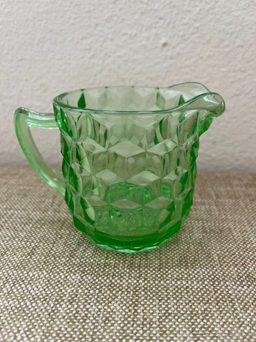 VINTAGE Green Jeannette Cube/Cubist Uranium Depression Glass Creamer '40s