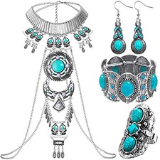 4 Pcs Boho Turquoise Jewelry Set Includes Boho Statement Necklace Body Blue