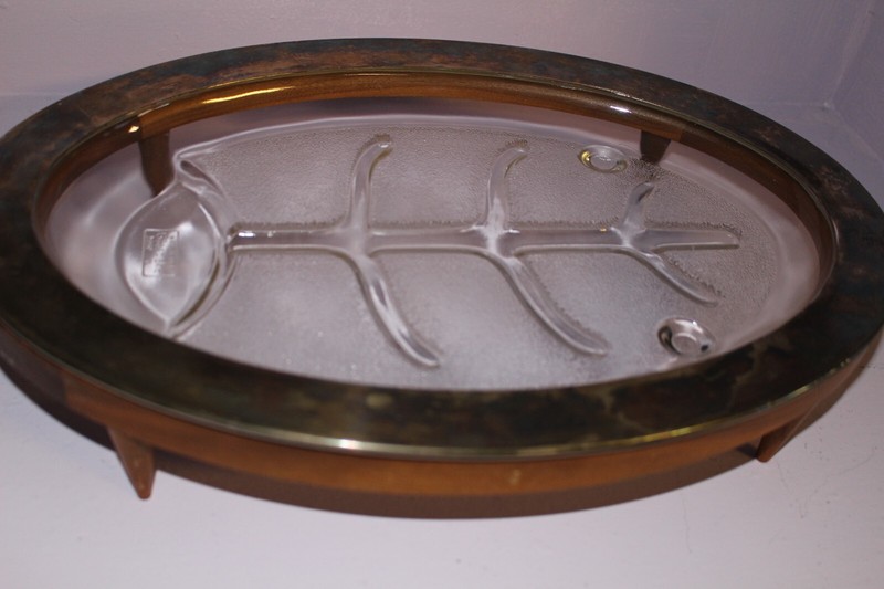 Vintage Glassbake silver  & glass serving tray with wood stand Made in U.S. A.