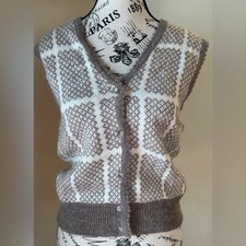 Wool Blend Vintage Vest Gray Brown White Scalloped Edging Womens Small Secretary