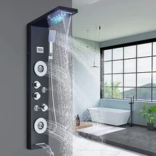 Stainless Black LED Shower Panel Tower System Rain&Waterfall Massage Jet Tub Tap