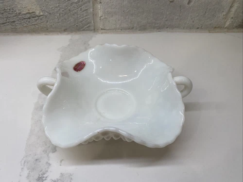 Fenton Hobnail Milk Glass Double handled Bon Bon Dish 6.5x6.5x2.75 Vintage