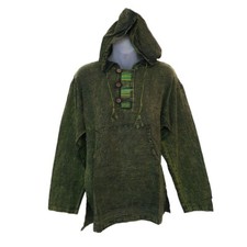 Mens Green Stonewashed Boho Pullover Hoodie Handmade Hippie Festival Ethnic Fun