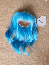 Used 8-9 Inch CotinDoll Wig Blue Long Wavy w/ Wig Clips For Dollfie Dream BJD