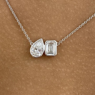 Halskette 2 kt Birnen- & Smaragdschliff Anhänger Weißgold 14 K Labcreated Diamant F/VS