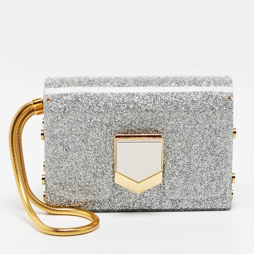 Jimmy Choo Lockett Silver Glitter Acrylic Minaudiere Clutch