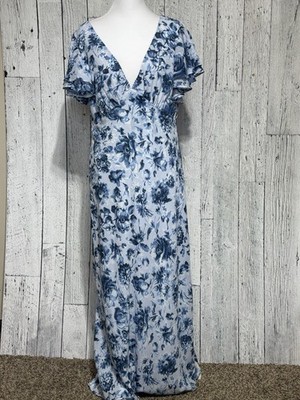 abercrombie &fitch Maxi Sz LP  Ruffle  Sleeve Blue romantic Floral Dress V-neck