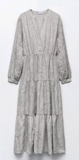 Zara Embroidered Tiered Midi Dress in Grey Marl Embroidery size XS