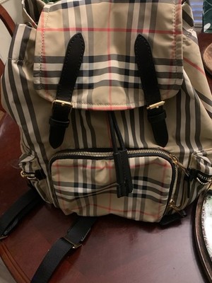 Burberry Check Drawstring Backpack w/ Front Zip Pocket Beige Black Red