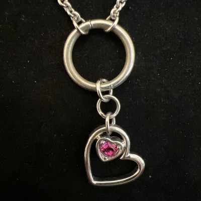 Silver Tone Heart Pendant Necklace Pink Crystal Accent Marked MK 18 In