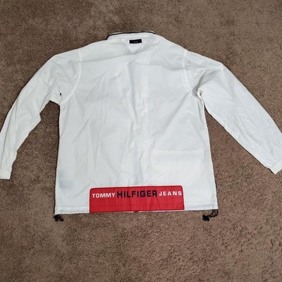 Vintage Tommy Hilfiger Jeans Jacket Mens Large White Hooded Windbreaker 90s