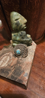 1951 Mined Persian Turquoise Stone. Set In Style Sun God 925 Cabochon Ring.