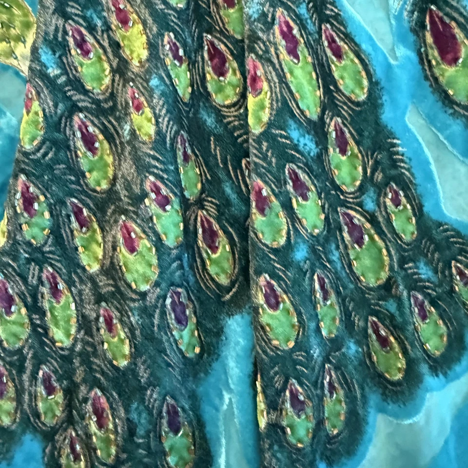 Bufanda envolvente chal Burnout terciopelo pavo real talla única 100 % seda verde azulado flecos con cuentas Foto 3 de 4