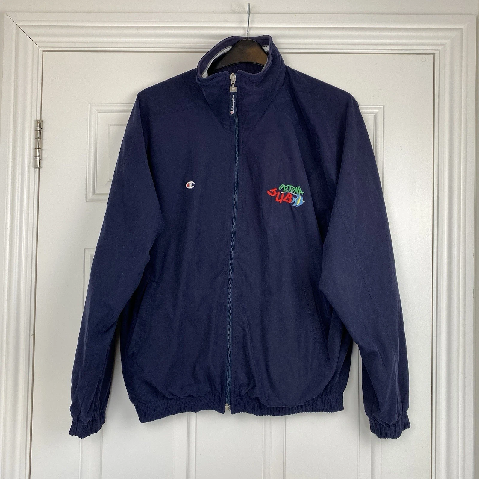 Champion Men’s L Jacket Navy Full Zip Pockets Chest Logo Embroidered windbreaker