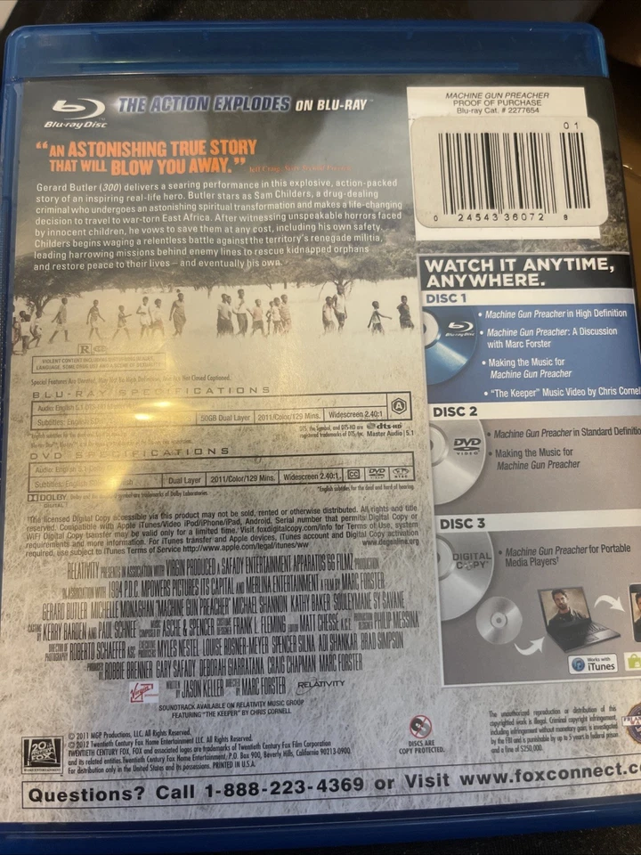 MACHINE GUN PREACHER BASED ON A TRUE STORY GERARD BUTLER 3-DISC DVD & BLU RAY - Image 2 of 2