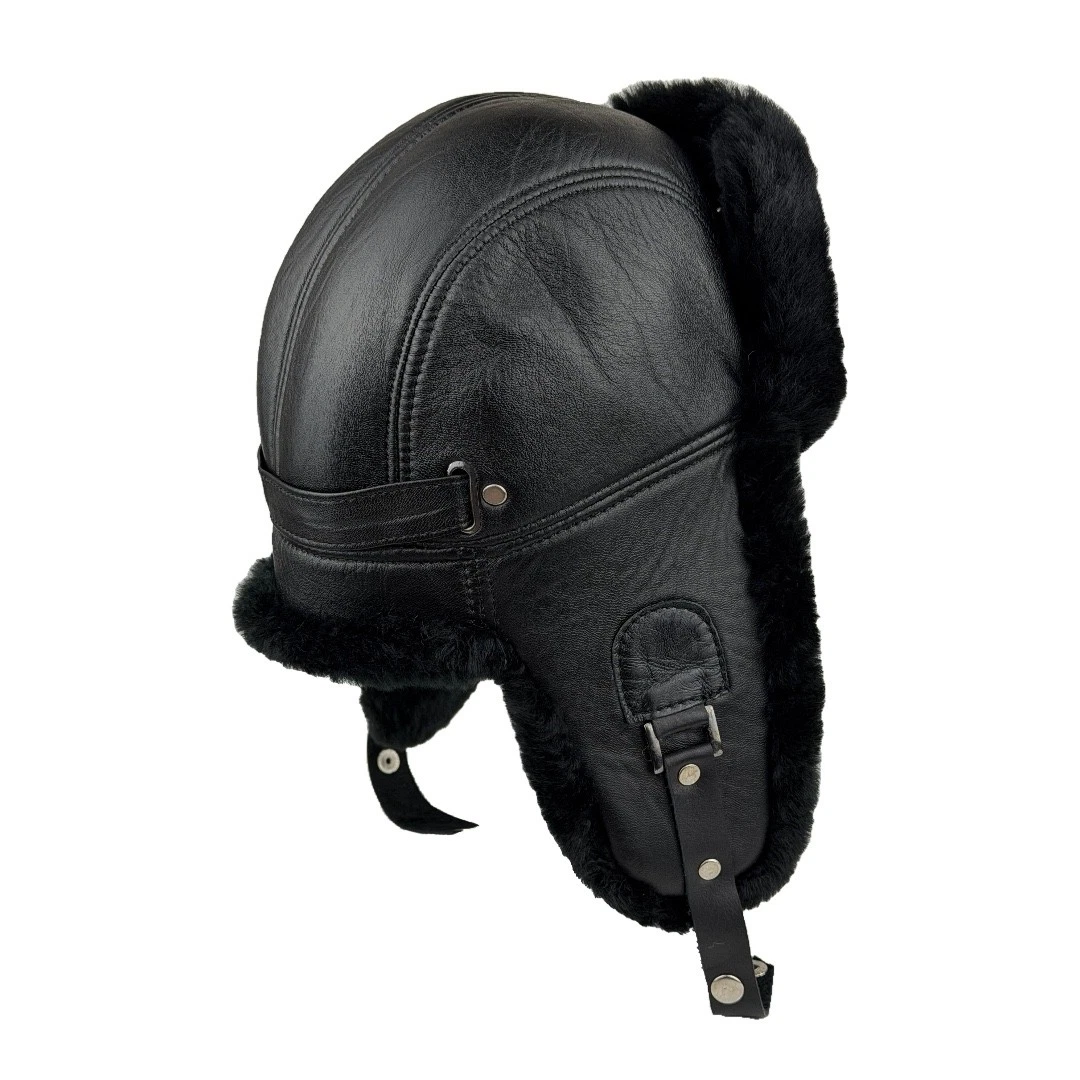 Black Real Shearling Leather Aviator Hat — Handmade Warm Winter Trapper Hat