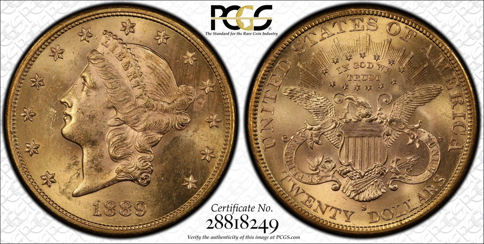 1889-S $20 GOLD LIBERTY DOUBLE EAGLE PCGS MS63 VERY PQ!