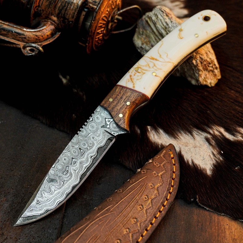 9.0" EDC Hunting Damascus Knife Handmade Full Tang Hybrid Handle Leather Sheath