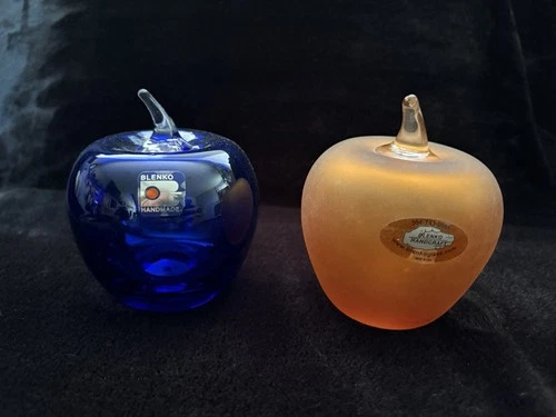 2 Blenko Art Glass Hand Blown Apples- Colbalt Blue And Tangerine?