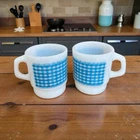 Vintage Anchor Hocking Fire King Blue Gingham Milk Glass Mugs Set of 2