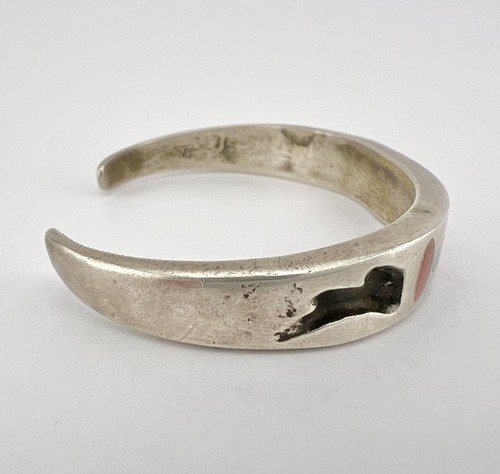 Early Old ZUNI Ingot Sterling Silver Turquoise & Coral Inlay Cuff Bracelet - Picture 4 of 8