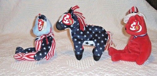 S378) - 3 TY Beanie Babies - Patriotic Bear, SPANGLE - Donkey, LEFTY - Bear, SAM - Picture 4 of 6