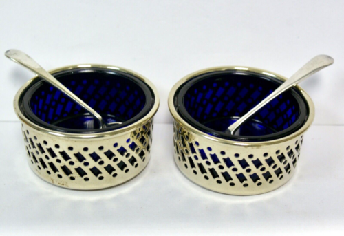 Pair Vintage Pierced Silver Plated Open Salts, With Blue Glass Liners & Spoons - Picture 1 of 13