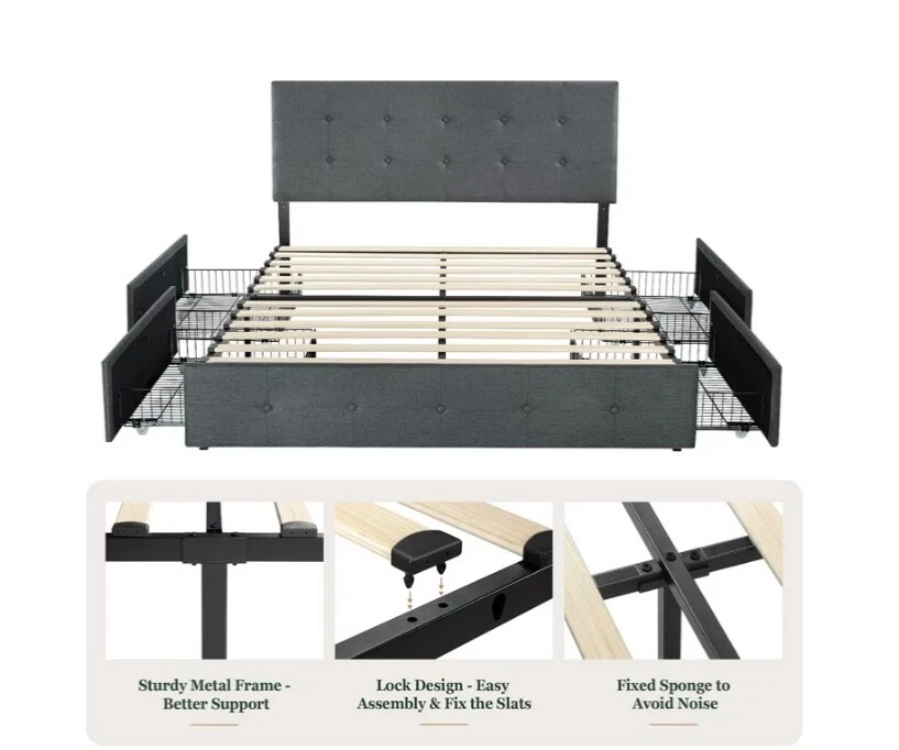 Amolife Queen Size Platform Bed Frame with Headboard and 4 Storage 