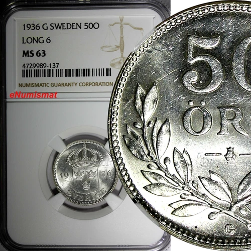 SWEDEN Gustaf V SILVER 1936 G 50 Ore Long "6" NGC MS63  KM#788 (137)