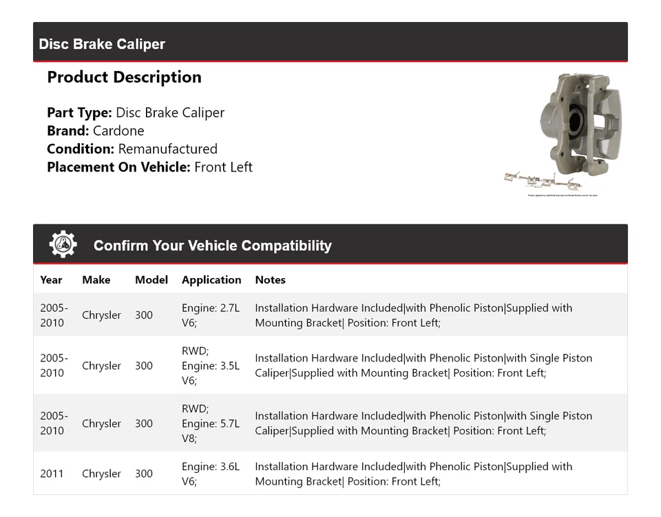 For 2005-2011 Chrysler 300 Disc Brake Caliper Front Left Cardone 2006 2007 2008 - Image 2 of 4