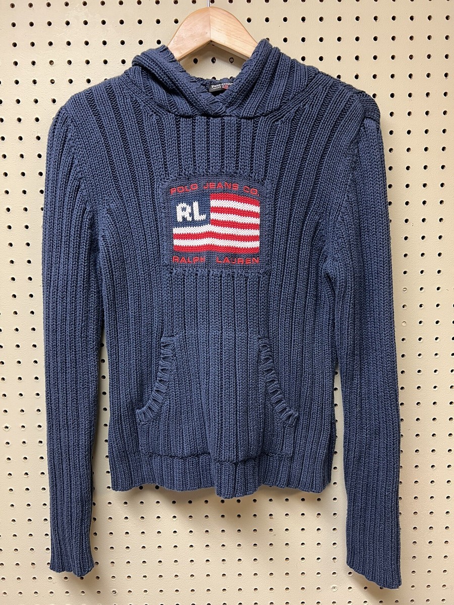 VTG Polo Jeans Co. Ralph Lauren Blue Flag Logo Knit Hoodie Sweater Youth  Large L | eBay