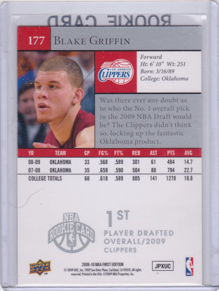 КАРТОЧКА НОВИЧКА БЛЕЙКА ГРИФФИНА 2009–10 Upper Deck первое издание LA CLIPPERS NBA RC - Изображение 2 из 2