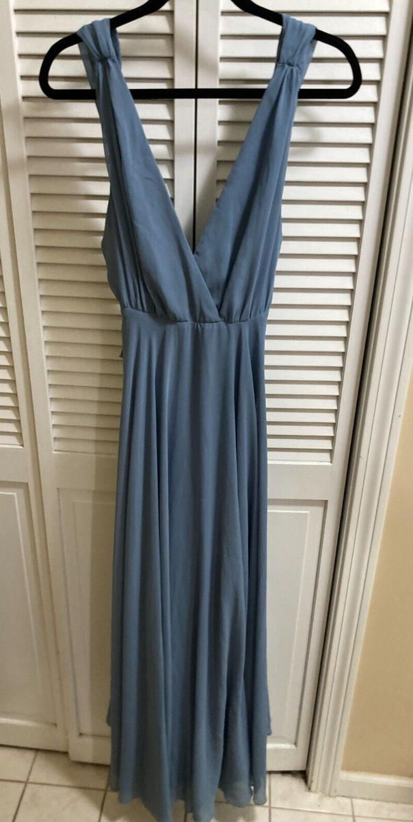 slate blue maxi dress BABARONI V-neck Bishop Sleeves Chiffon Dress with Bow-Slate Blue, Slate Blue / US0 main image 1