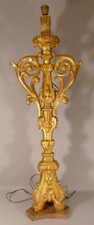Grande Lampe Lampadaire XVIII ème En Bois Sculpté Et Doré Pique Cierge Louis XIV