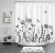 Butterfly Wildflower on Black and White Shower Curtain Set for Bathroom Decor