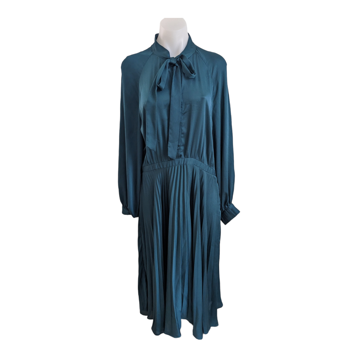 Tara Jarmon Sz 44 Pleated Shift Dress Dark Green Hourglass Tie Neck Long  Sleeve