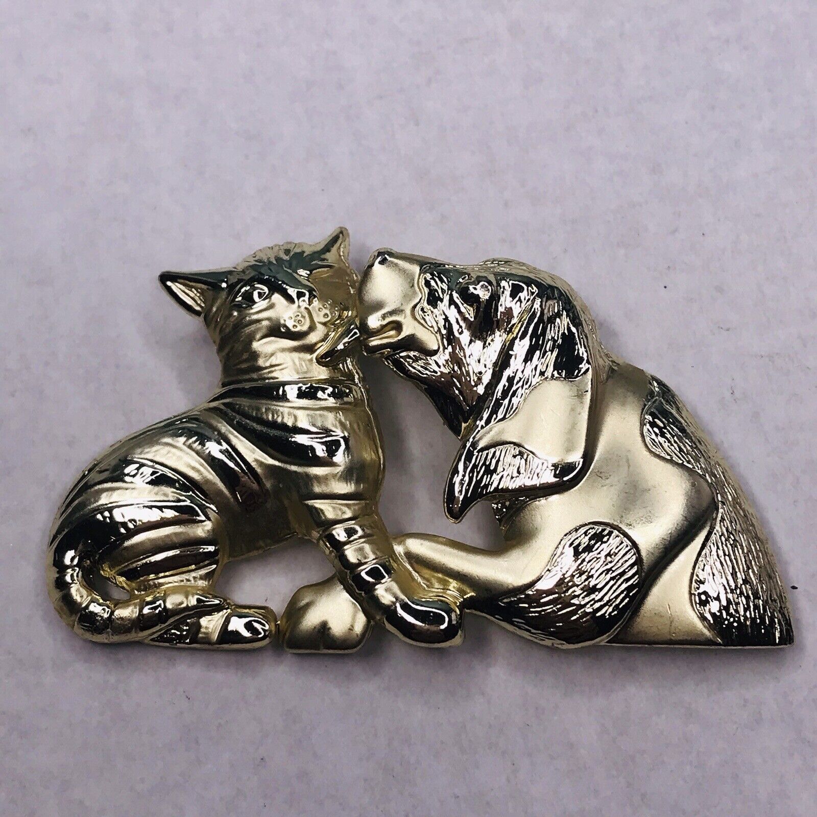 Vintage Brooch Pin Cat & Dog Kissing Signed AJC M… - image 1