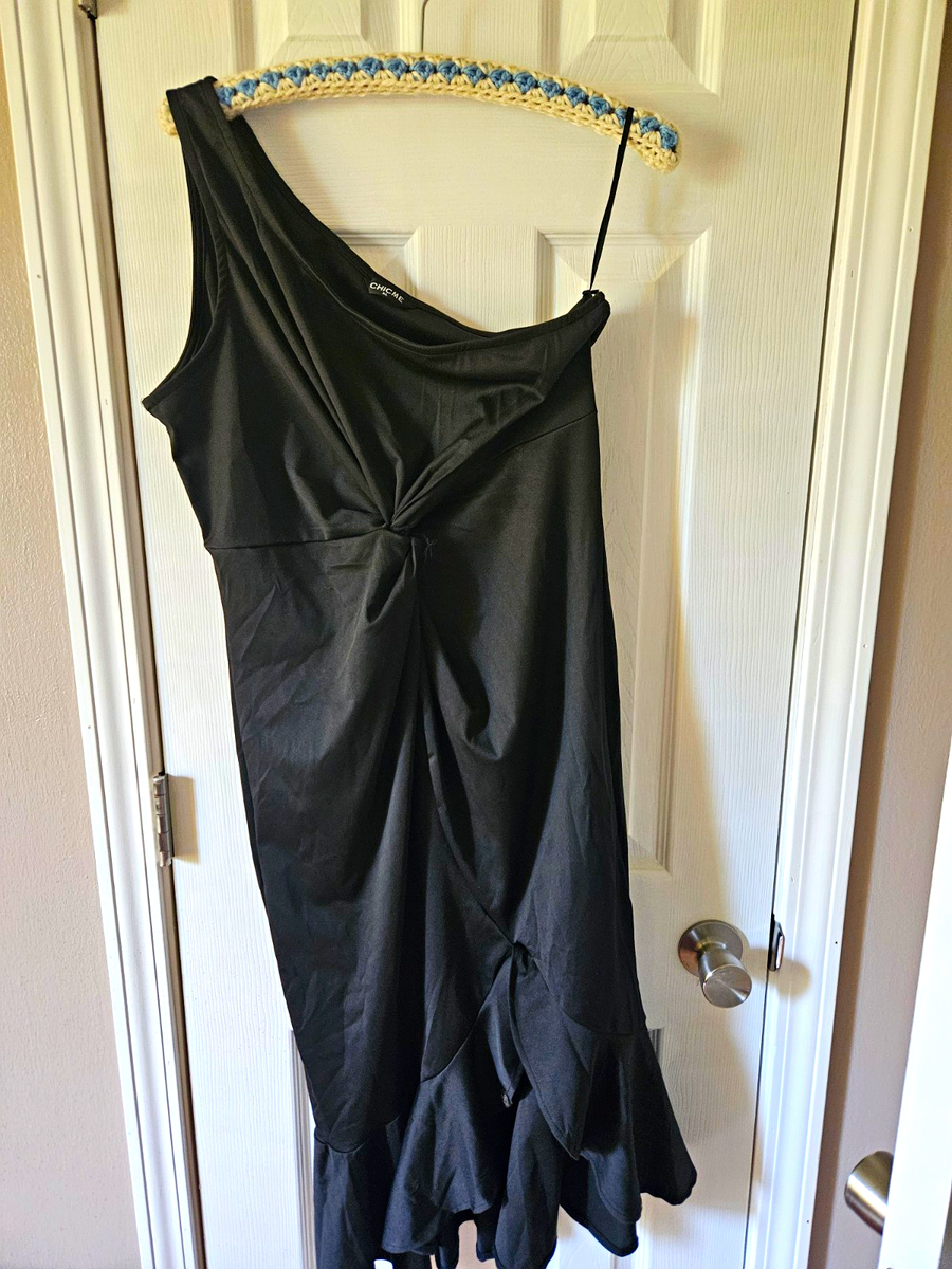 CHICME Women's Black One Shoulder Ruffle Bodycon Knee-Length Dress XL