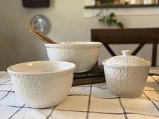 Set of 3 White Ceramic Basket Weave Serving Bowls & Canister