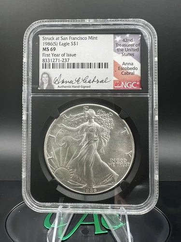 1986-S First Year of Issue American Silver Eagle NGC MS69 Anna Cabral Signed!