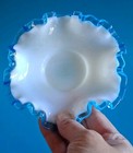 Vintage FENTON Trinket Bowl Milk Glass Ruffled Edge Blue Aqua Crest Candy Dish — photo 6
