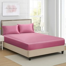 Twin Extra Long Silk Satin Fitted Sheet, Soft Deep Pocket Single Bottom Bed S...