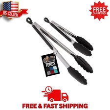 GORILLA GRIP Stainless Steel Kitchen Tongs Set 7"+9" Non-Scratch Tip BBQ