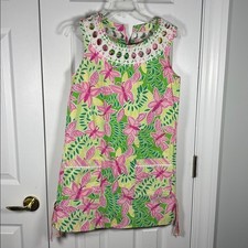 Lilly Pulitzer Butterfly Shift Dress Floral Pink Green Lace Neckline Size 6